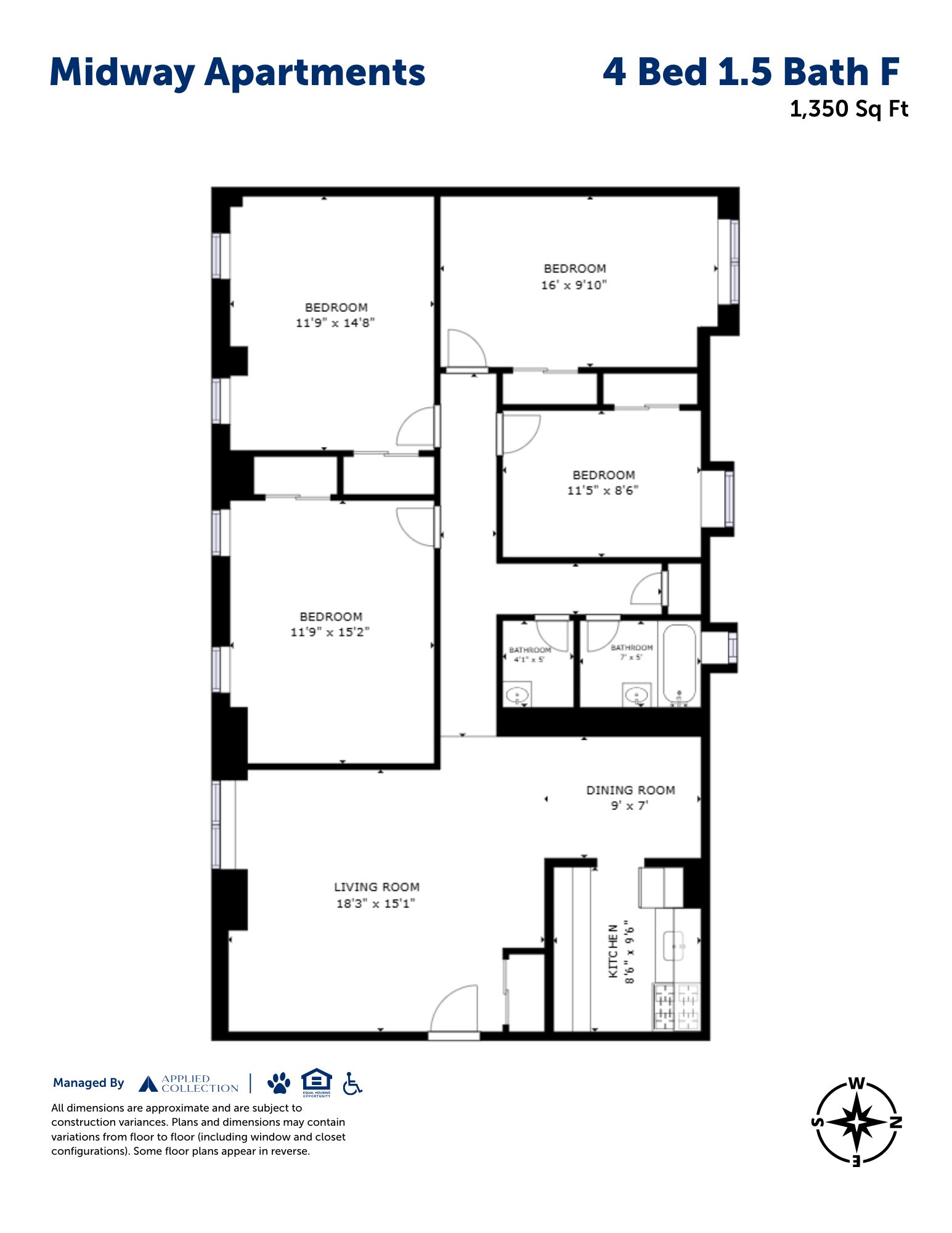 Floor plan for 4 beds, 1.5 baths, 1350 sqft